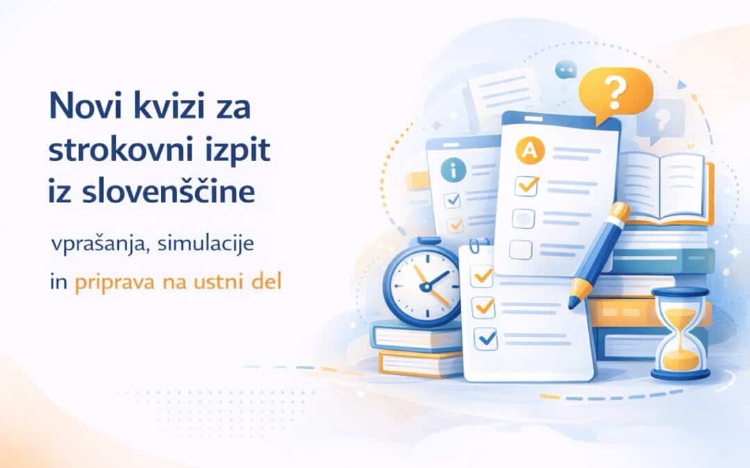 Slikovni prikaz kviza za pripravo na strokovni izpit iz slovenščine.