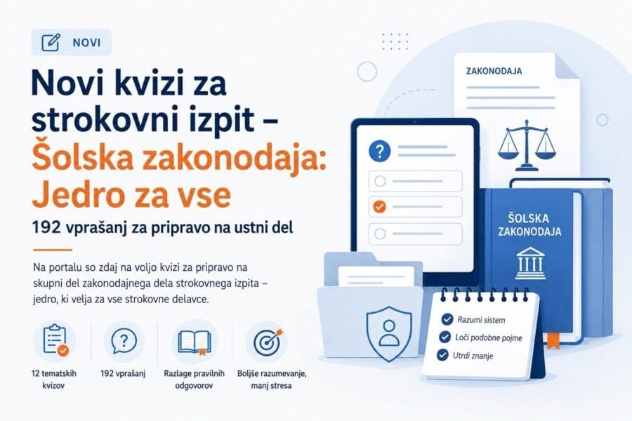 Novi kvizi za strokovni izpit – Šolska zakonodaja – Jedro za vse (192 vprašanj za pripravo na ustni del)
